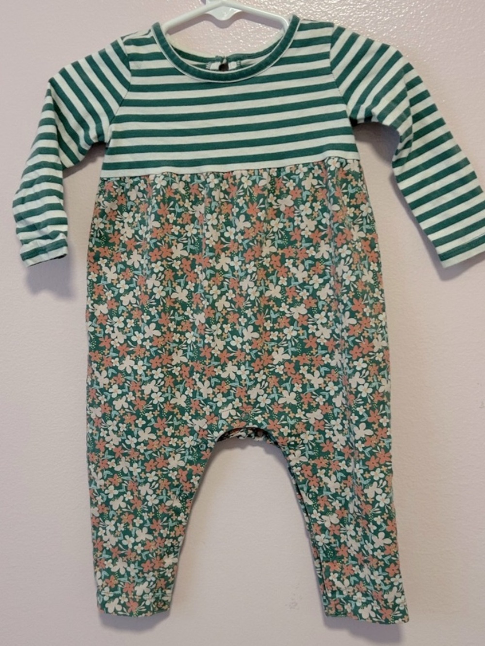 Tea Collection Green Stripe and Floral Jumpsuit Sz 6-9 Mo